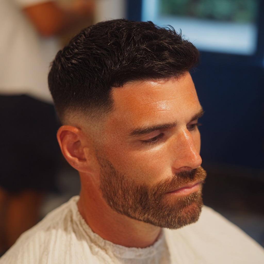 Mid fade with textured crop and beard